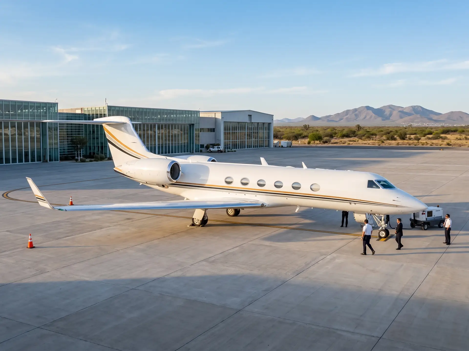 Executive business jet at airport ramp viewed from above