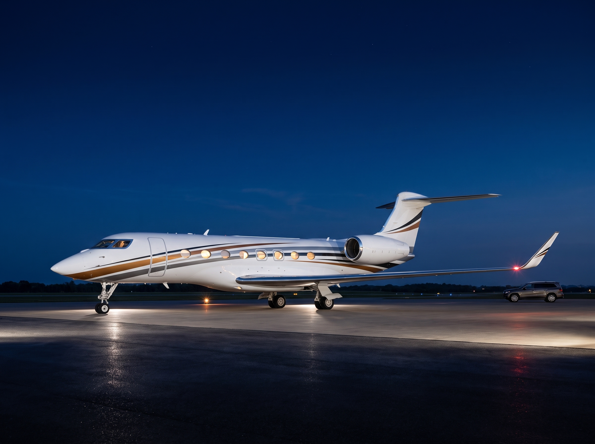 Executive business jet ready for departure at blue hour