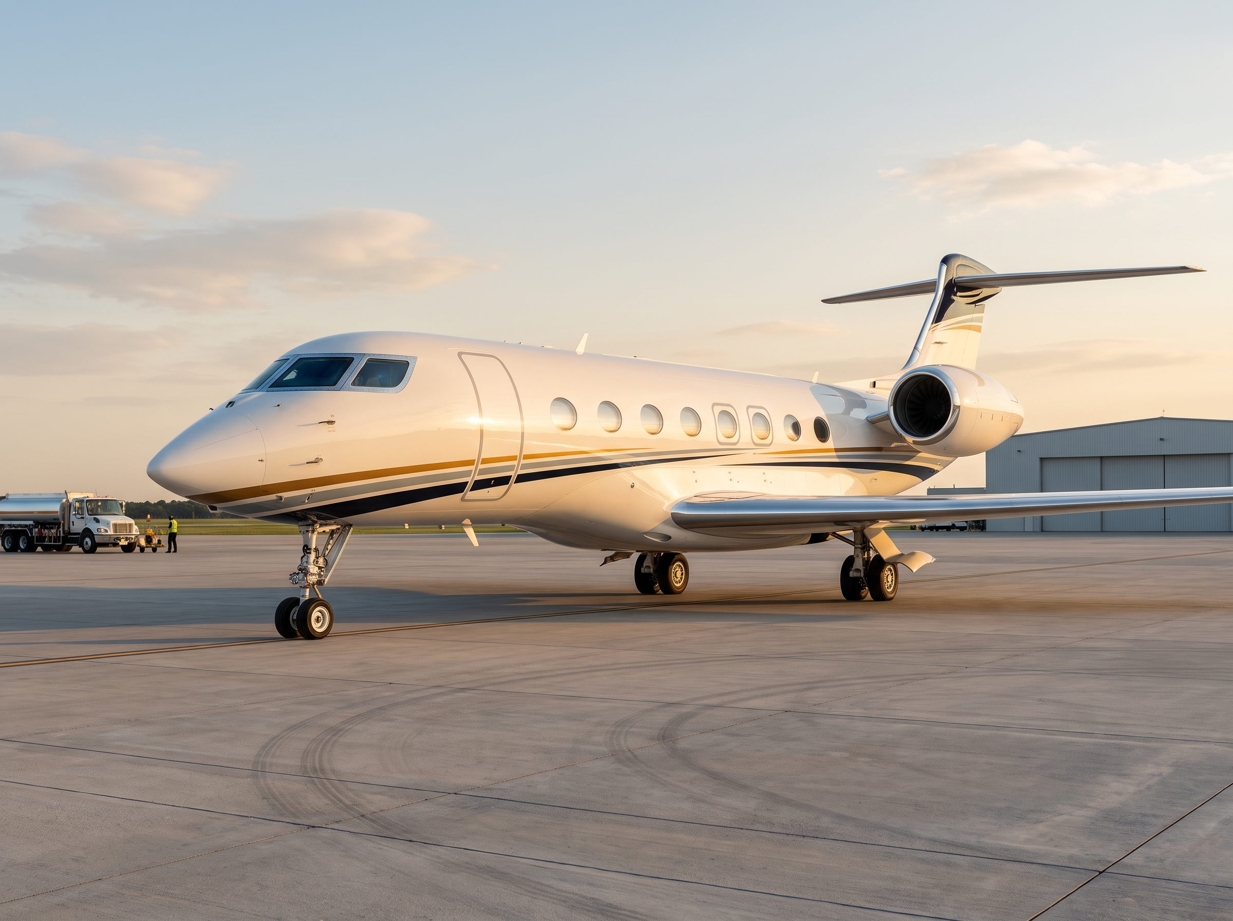 Business jet during international golden hour flight operations
