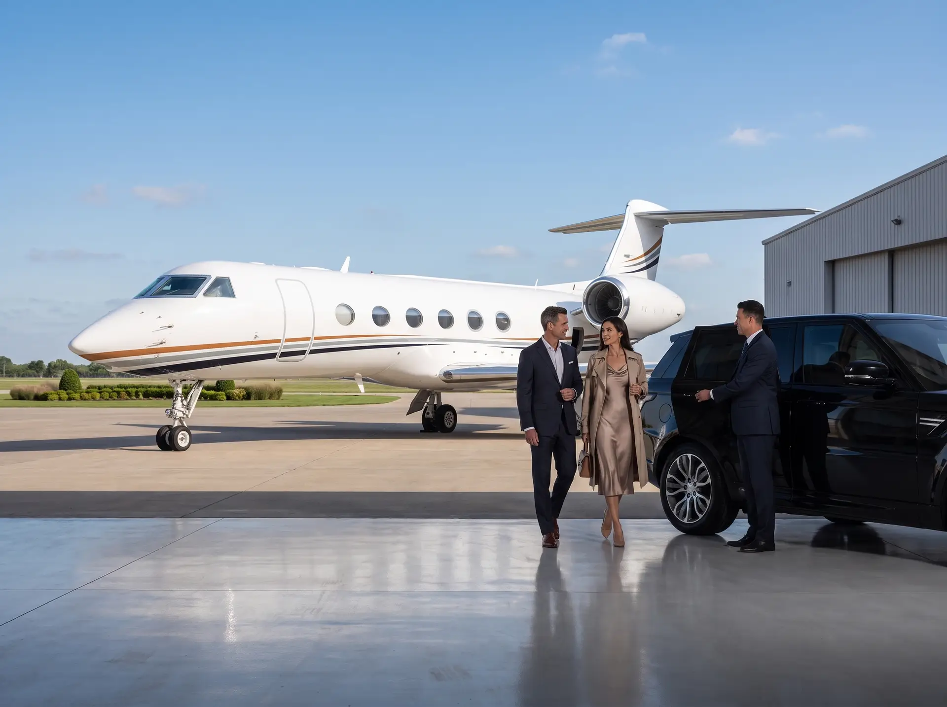 Executive ground transportation positioned on a private aviation ramp