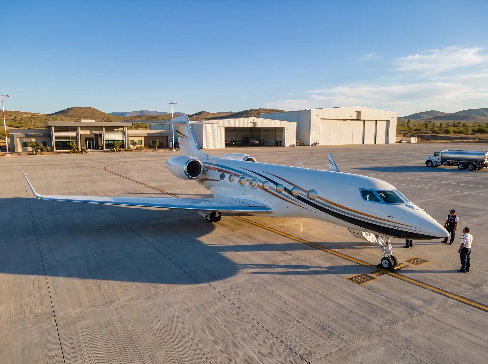 Executive jet during airport operations for international mission coordination