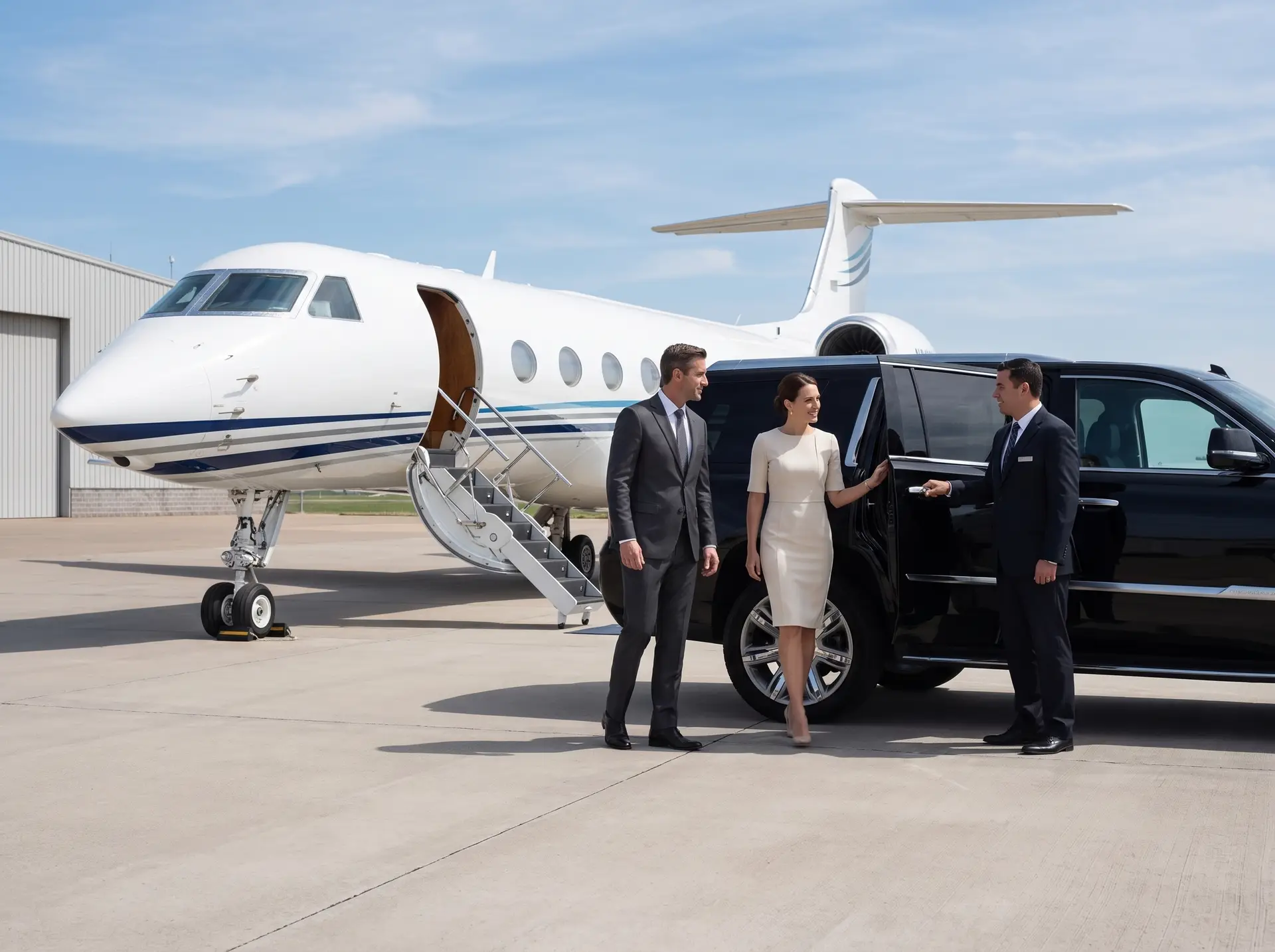 Executive passengers transferring between private aircraft and ground transportation