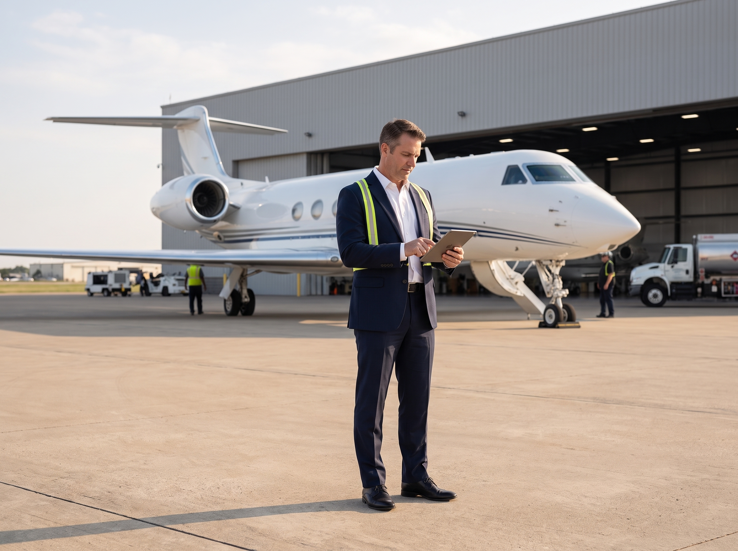 Aerxia flight operations agent beside a private jet