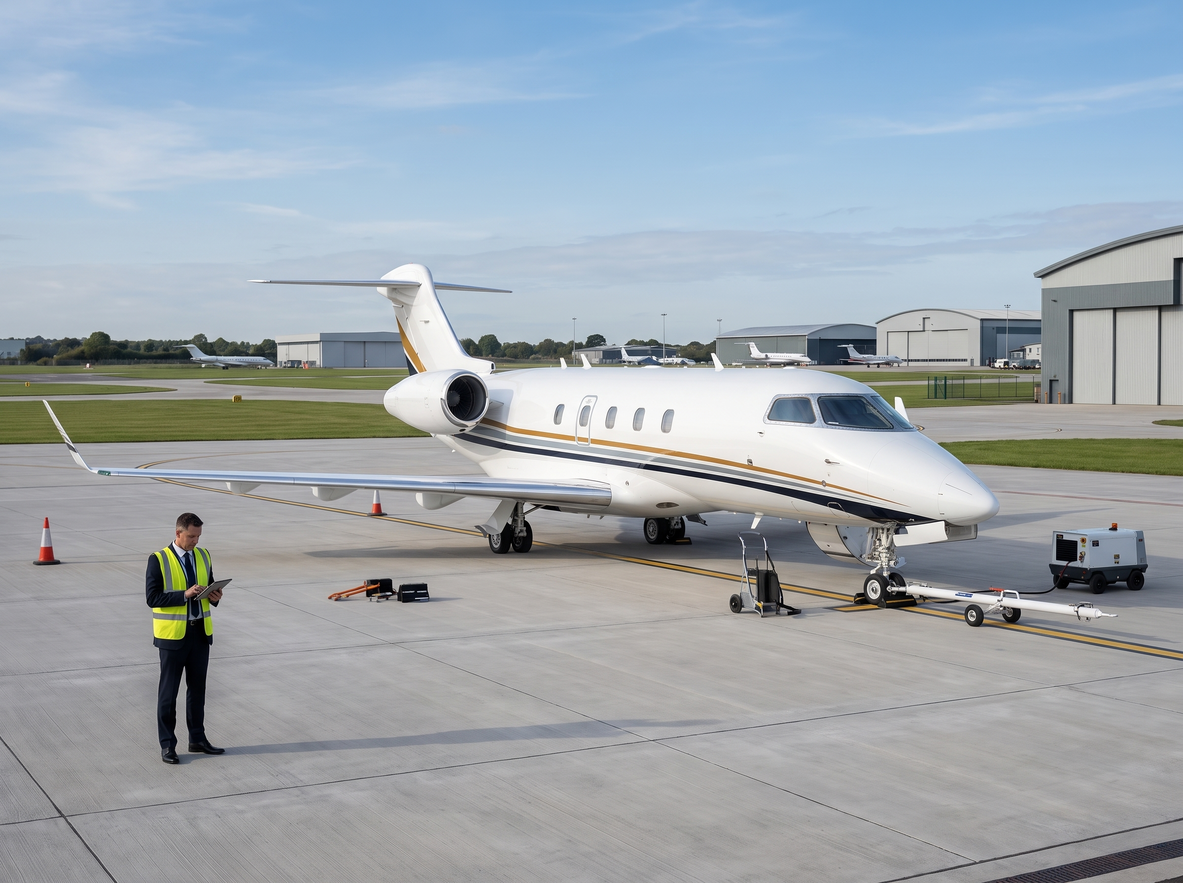 Aircraft marshaller coordinating private jet ground handling