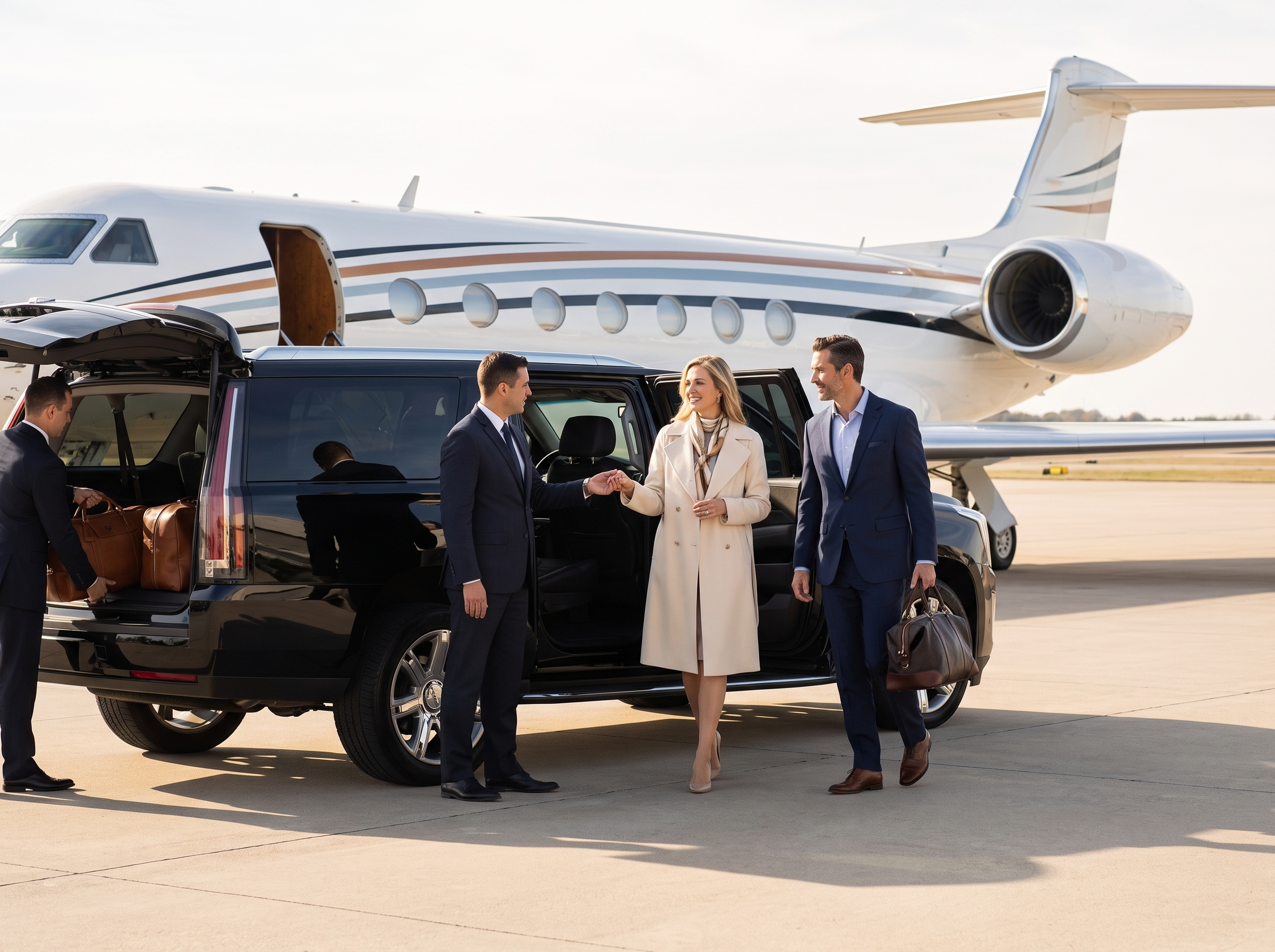 Luxury airport transfer beside a private business jet