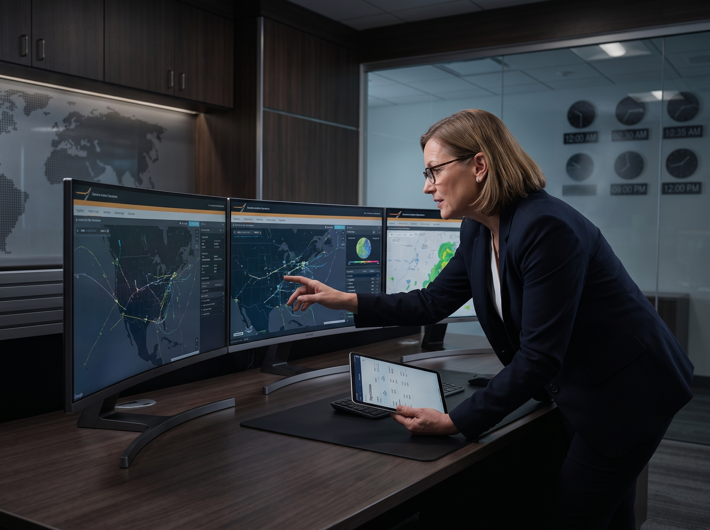 Executive aviation operations control center with flight monitoring screens