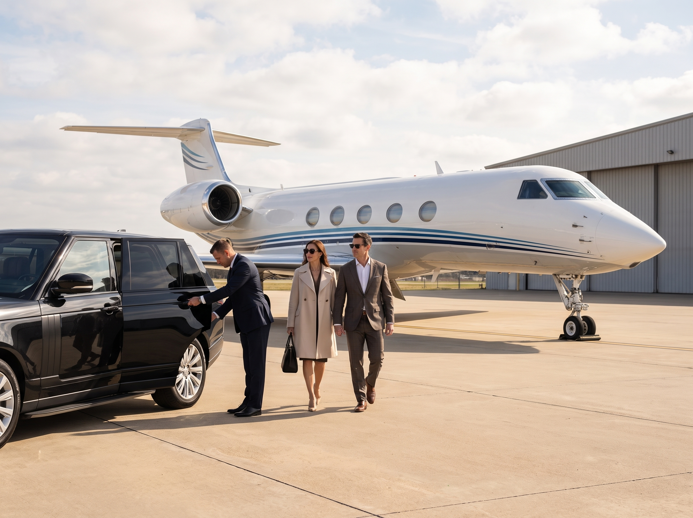 Private aviation chauffeur service coordinated beside an executive aircraft