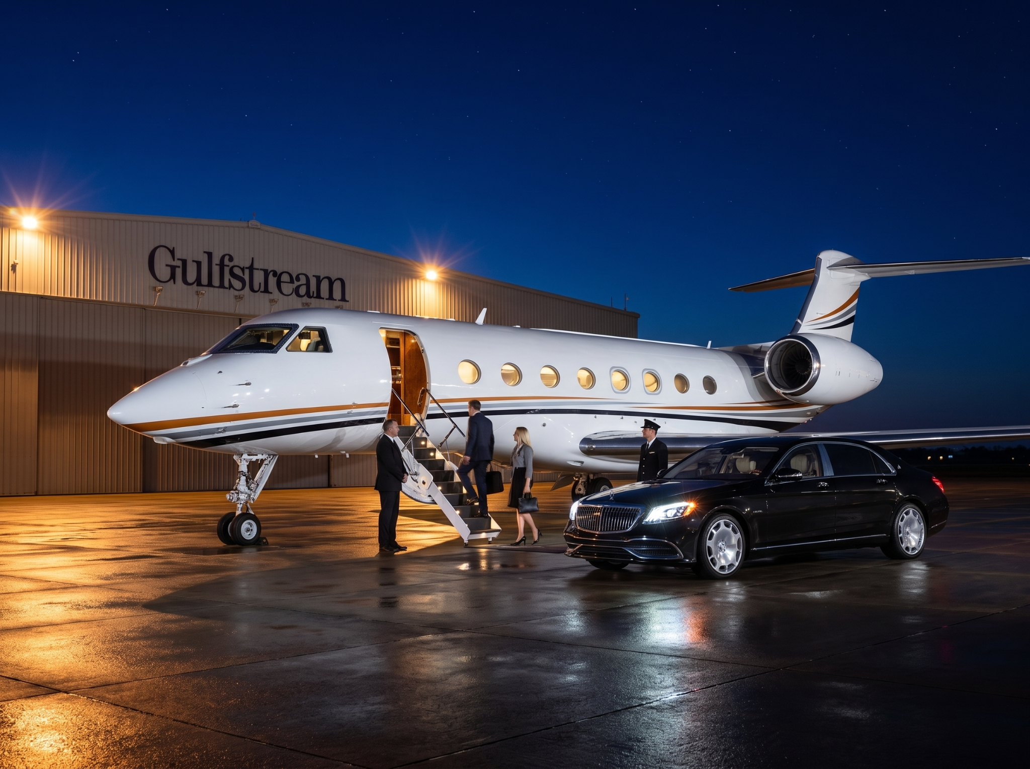 Private aviation chauffeur service at night