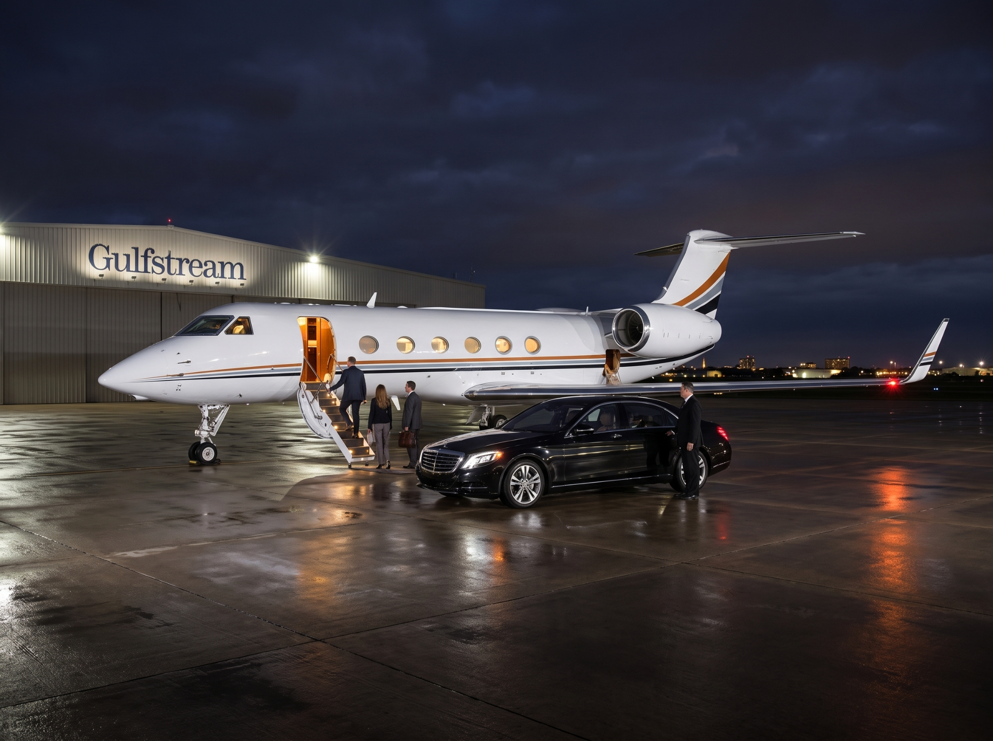 Executive vehicle transfer beside a private jet at night
