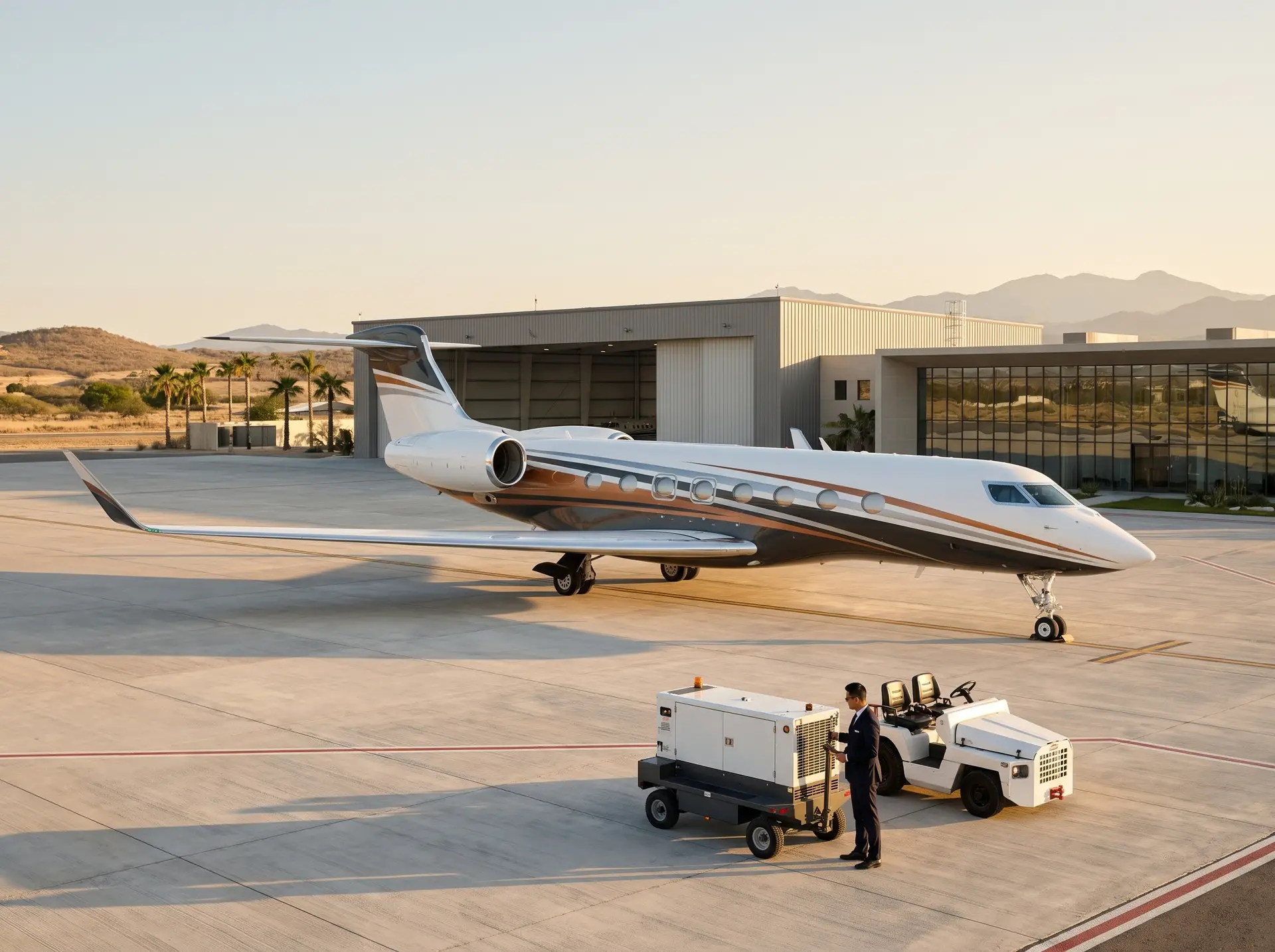 Private jet airport ramp operation during international flight support mission