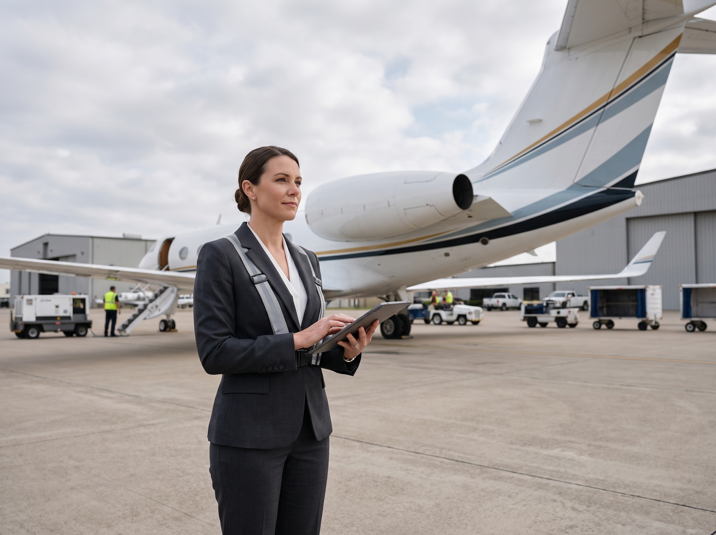 Aerxia trip support specialist coordinating an international mission beside an aircraft