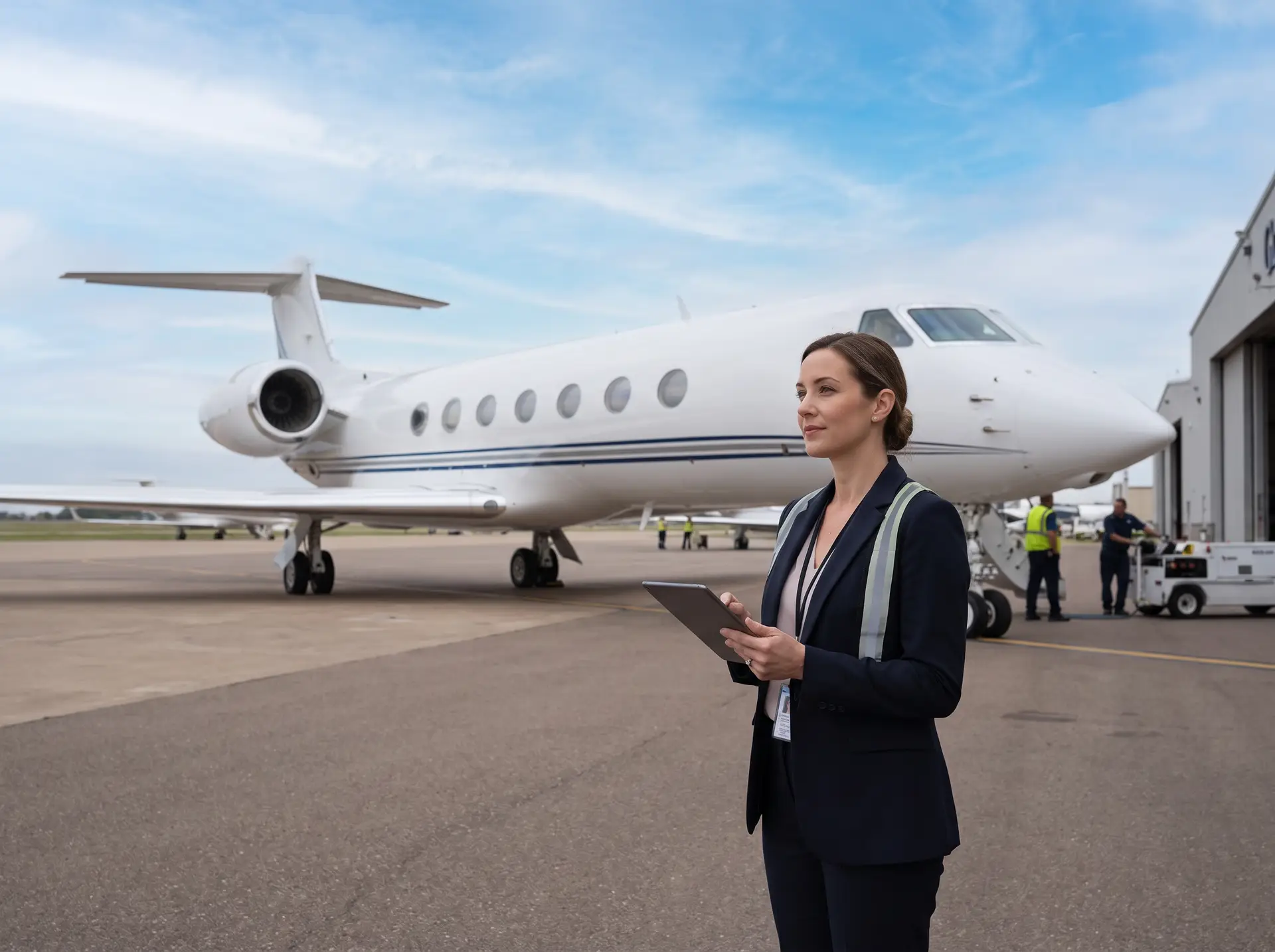 Aerxia trip support coordinator beside executive aircraft