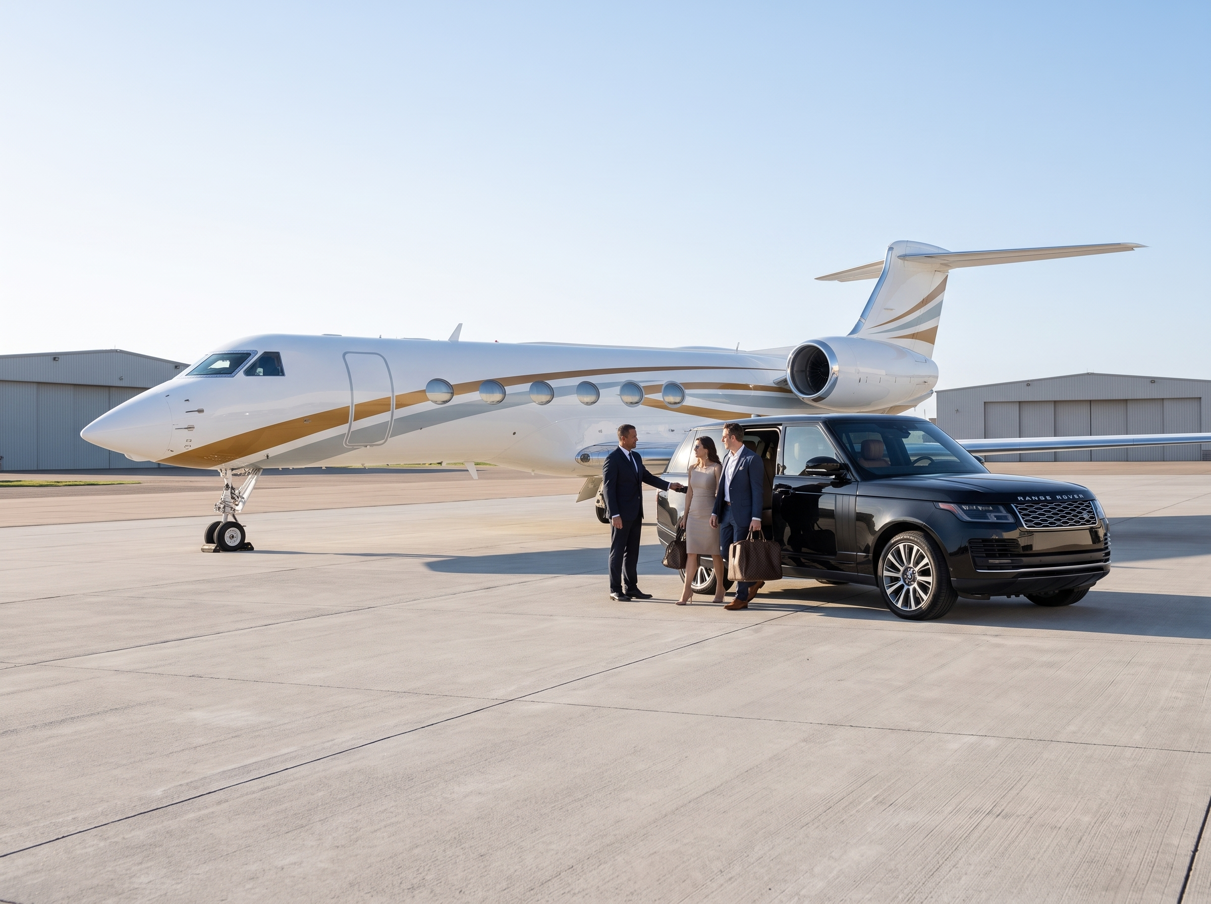 VIP airport transportation coordinated beside a private aircraft