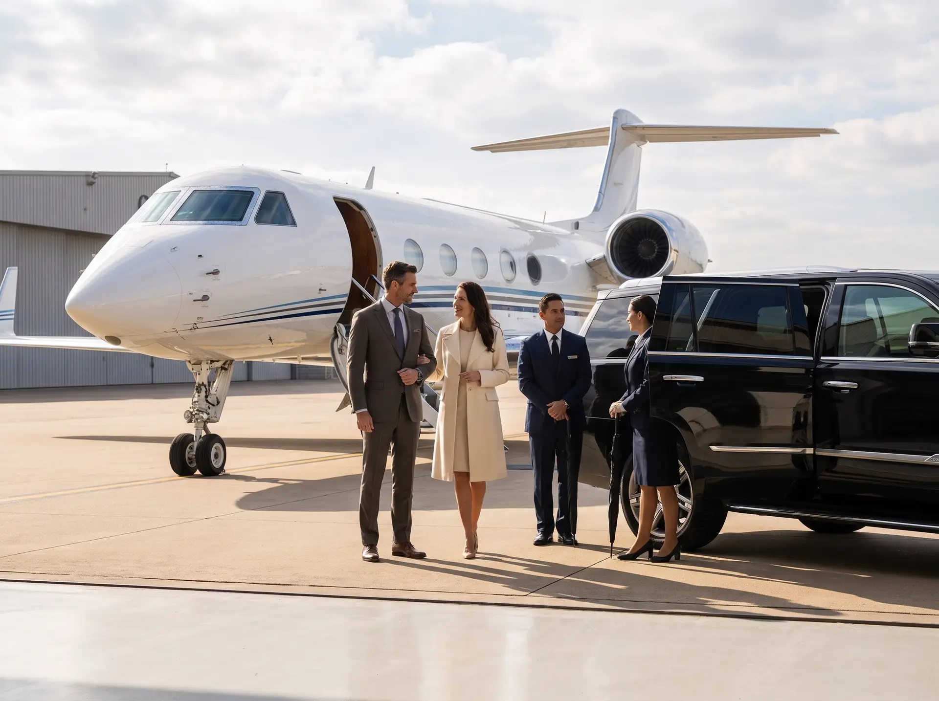 VIP passengers arriving beside a private jet and luxury ground transportation