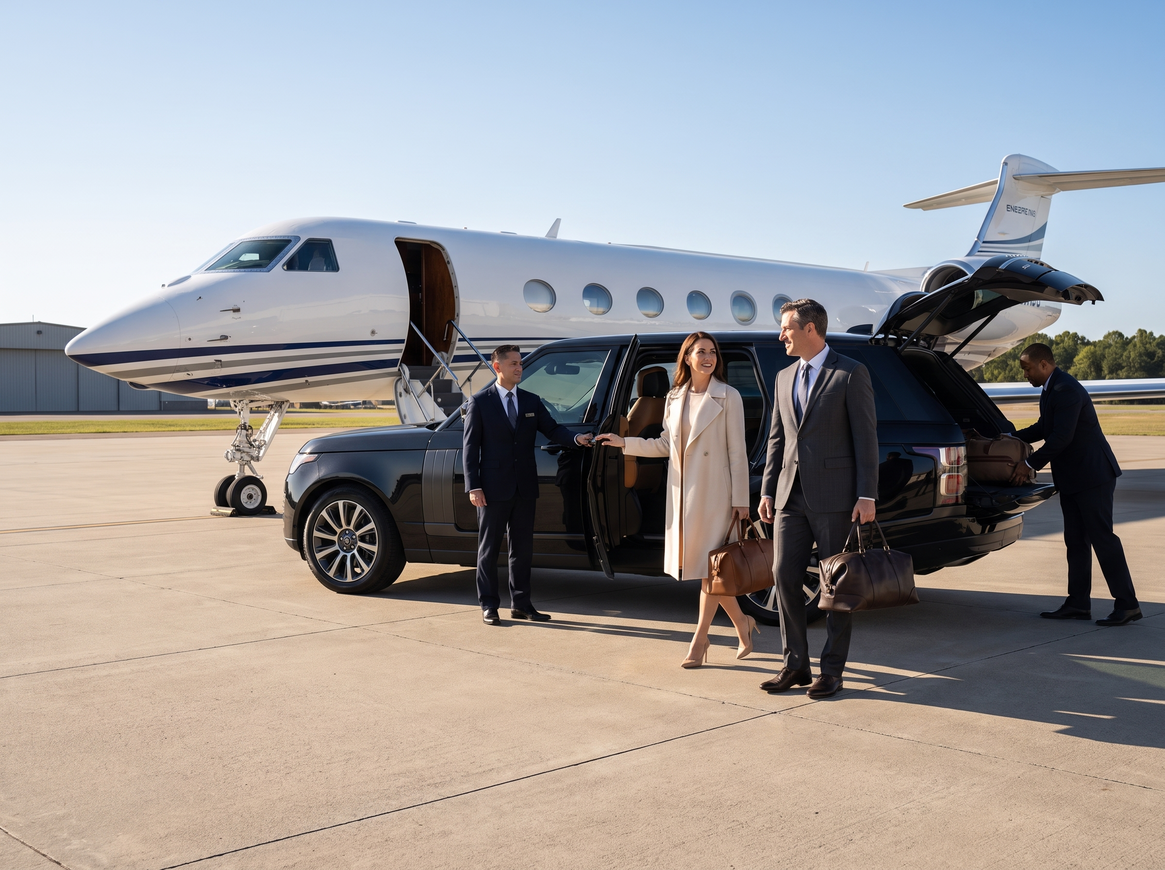 Executive ground transportation positioned beside a private jet